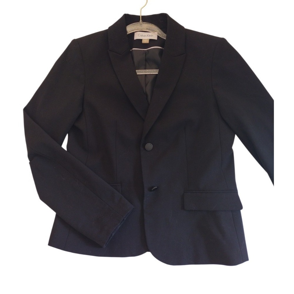 Calvin Klein Blazier Women 8 Black 2 buttons Long Sleeve Collared Career Cropped